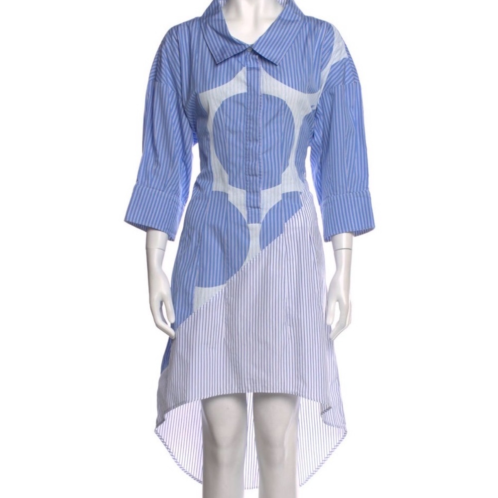 Stella McCartney Blue & White Striped High-Low Shirt Dress with Graphic Motif